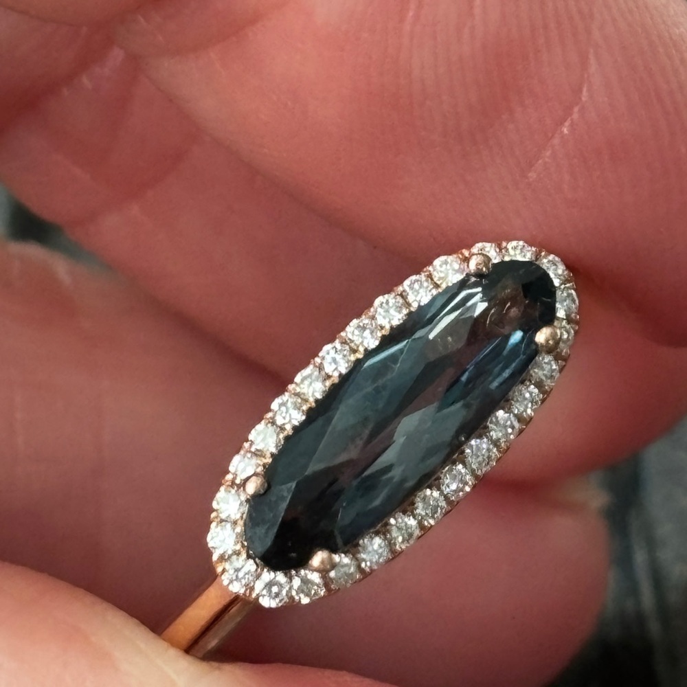 14k rose gold ring with London blue topaz and natural diamond halo. - Picture 2 of 11